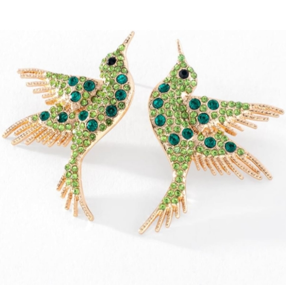 Green Rhinestone Bird Earrings Gold Hummingbird CZ Pave Crystal Birds Post Style - Picture 5 of 9